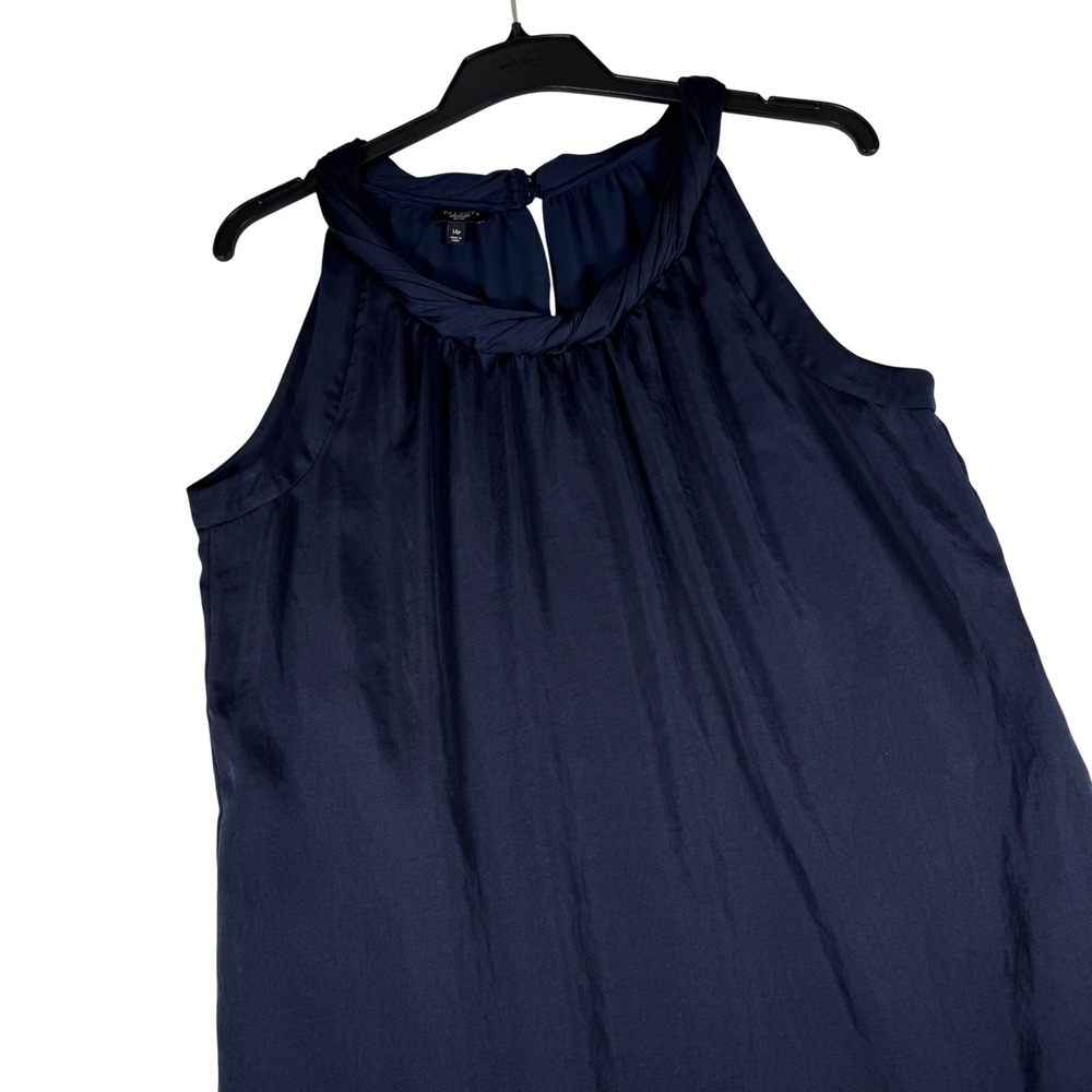 Talbots Petites Navy Blue Twisted Neck Sleeveless Shift Dress 14P Satin Finish